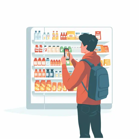 A shopper photographing a product label with the Brand411 app in a store aisle